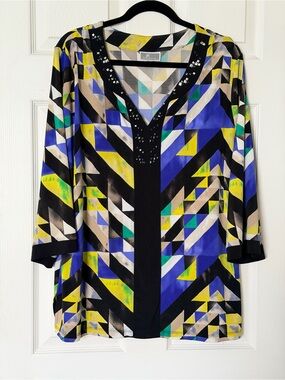 JM Collection Geometric V-Neck Blouse in Black, Blue, Yellow, Green, Cream